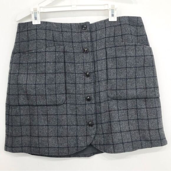 Madewell Gray Wool Navy Blue Windowpane Grid Patch Pocket Button Mini Skirt - Picture 3 of 16